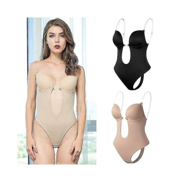 (Beige, XL(38)) Women Plunging Deep V-neck Body Shaper Strapless Backless Bodysuit Shapewear U Plunge Seamless Thong Full Bodysuits
