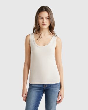 Benetton, Beige Tank Top In Pure Cotton, size XS, Beige, Women
