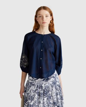 Benetton, Blouse With Floral Embroidery, size XXS, Dark Blue, Women