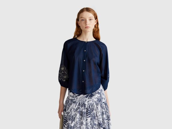 Benetton, Blouse With Floral Embroidery, size XXS, Dark Blue, Women