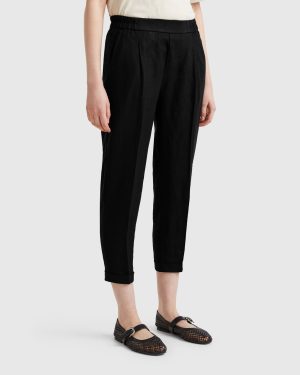 Benetton, Cropped Trousers In 100% Linen, size XXS, Black, Women