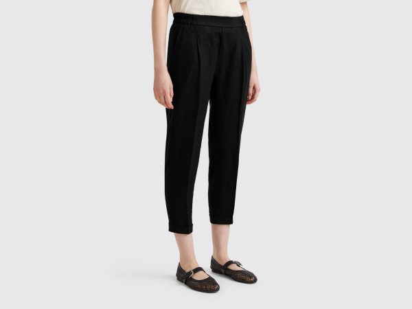 Benetton, Cropped Trousers In 100% Linen, size XXS, Black, Women