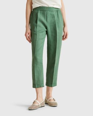 Benetton, Cropped Trousers In 100% Linen, size XXS, Green, Women