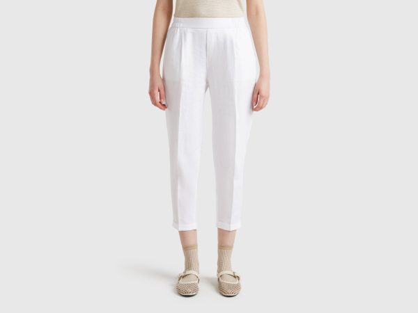 Benetton, Cropped Trousers In 100% Linen, size XXS, White, Women