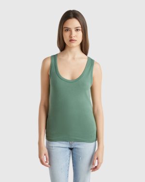 Benetton, Forest Green Tank Top In Pure Cotton, size XXS, Green, Women