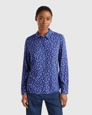 Benetton, Patterned Shirt In Viscose, size XXS, Blue, Women