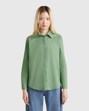 Benetton, Regular Fit Shirt In Light Cotton, size XS, Green, Women