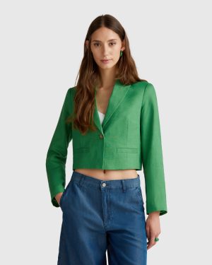 Benetton, Short Blazer In Pure Linen, size , Green, Women