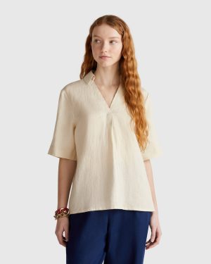 Benetton, Short Sleeve Blouse In Pure Linen, size XXS, Beige, Women