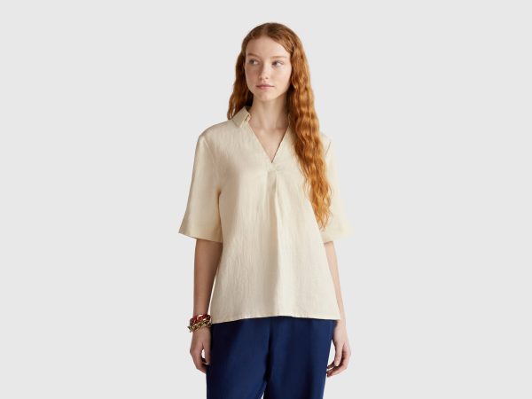 Benetton, Short Sleeve Blouse In Pure Linen, size XXS, Beige, Women