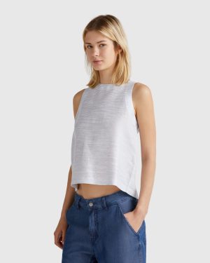 Benetton, Striped Blouse In Linen Blend, size XL, Air Force Blue, Women