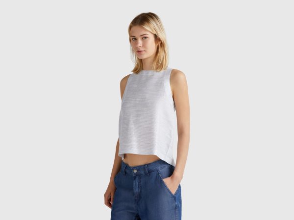 Benetton, Striped Blouse In Linen Blend, size XL, Air Force Blue, Women