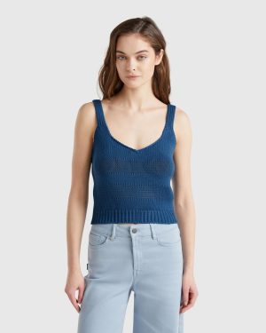 Benetton, Tank Top In 100% Knit Cotton, size XL, Air Force Blue, Women