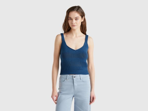 Benetton, Tank Top In 100% Knit Cotton, size XL, Air Force Blue, Women