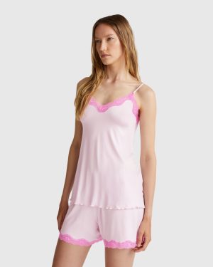 Benetton, Tank Top With Lace Edge, size XXS, Pastel Pink, Women