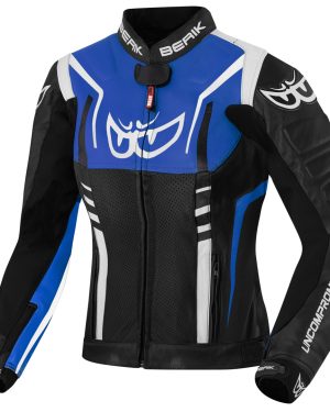 Berik Striper Ladies Motorcycle Leather Jacket, black-white-blue, Size 46 for Women