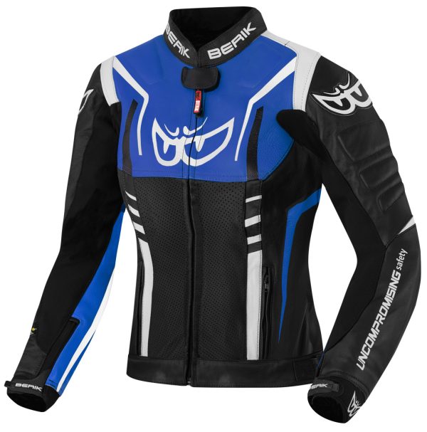 Berik Striper Ladies Motorcycle Leather Jacket, black-white-blue, Size 46 for Women