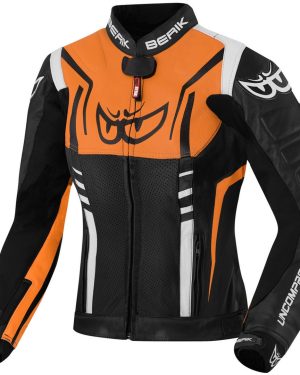Berik Striper Ladies Motorcycle Leather Jacket, black-white-orange, Size 46 for Women