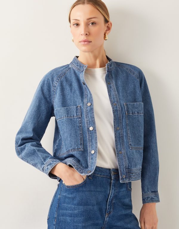 Binky Crop Collarless Denim Jacket Blue