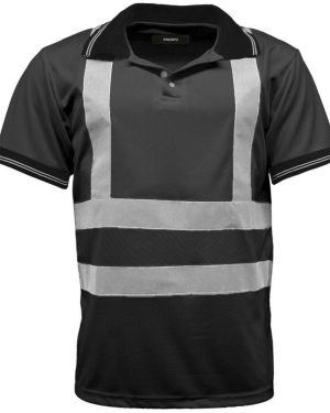 (Black, 2XL) Hi Viz Visibility Polo T Shirt Reflective Tape Safety High Vis Security Work Top