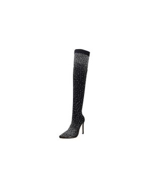 (Black, 42) Crystal Fabric Over-the-knee Pointed Toe 11cm Heel Boots For Women