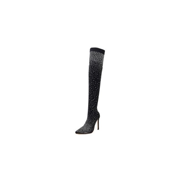 (Black, 42) Crystal Fabric Over-the-knee Pointed Toe 11cm Heel Boots For Women