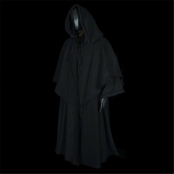 (Black, 5XL) Medieval Cape Robe Hood Black Renaissance Larp Coat Cape Witch Wizard Fantasy