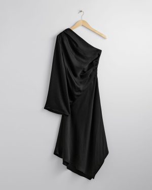 Black Asymmetric Drape Midi Dress