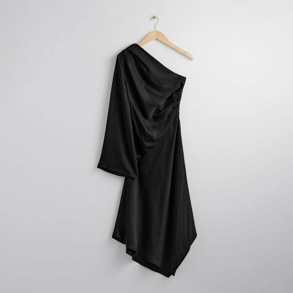 Black Asymmetric Drape Midi Dress