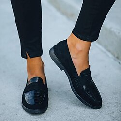 Black Casual Slip-On Loafers for Women - Comfortable Suede and Crocodile Pattern Design, Stylish Everyday Footwear