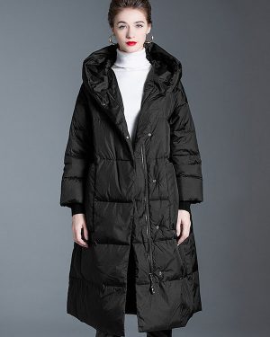 Black Down Coat Hooded Long Puffer Winter Outerwear For Women