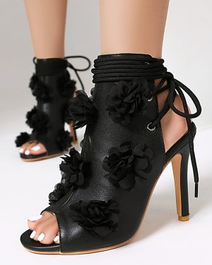 Black Gladiator Sandals Peep Toe Flowers Detail Lace Up High Heel Bootie Sandals