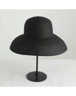 (Black) Hepburn Handmade Straw Hat Women Retro Big Eaves Beach Sunbonnet Solid Color Round Top Fisherman Cap Holiday Foldable gorras