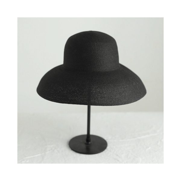 (Black) Hepburn Handmade Straw Hat Women Retro Big Eaves Beach Sunbonnet Solid Color Round Top Fisherman Cap Holiday Foldable gorras
