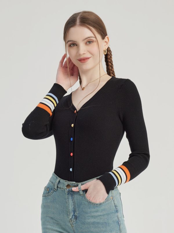 Black Knit Cardigan V-neck Colorful Buttons Striped Cuffs Spring Tops For Women 2025