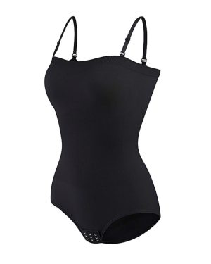 (Black, L) Nylon Bandeau Tummy Control Shapewear Bodysuit