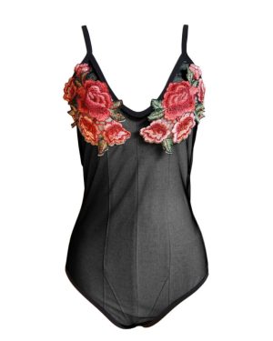 (Black, L) Sexy Women Floral Embroidery Mesh Bodysuit Rompers Deep V Neck