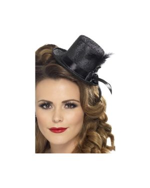 Black Ladies Mini Top Hat With Ribbon & Feather - mini hat black fancy dress feather tophat smiffys ribbon burlesque