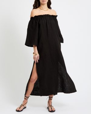 Black Linen Bardot Dress