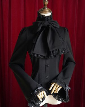 Black Lolita Blouse Bow Slim Fit Cotton Blouse for Women