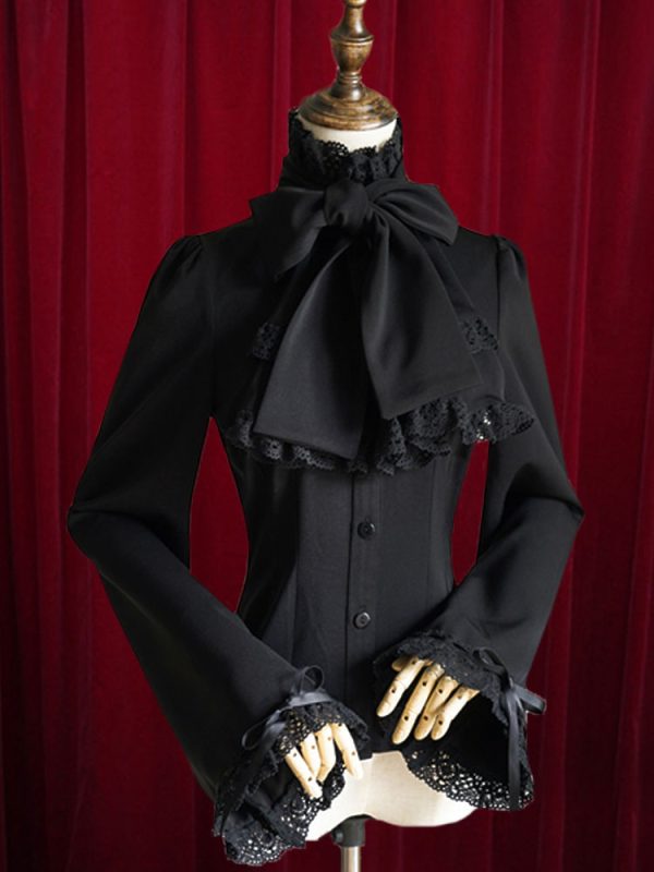 Black Lolita Blouse Bow Slim Fit Cotton Blouse for Women