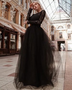 Black Loyal Wedding Dresses Lace A-Line Jewel Neck Long Sleeves Backless Lace Floor-Length Bridal Gown