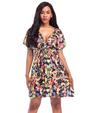 (Black, M) Women Print Mini Dress V Neck Short Sleeve Elastic Waist Summer Beach Pleated Plus Size