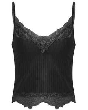 (Black, M) Womens Lace Cami Top V-Neck Lace Hem Camisole Spaghetti Strap Ribbed Tank Top