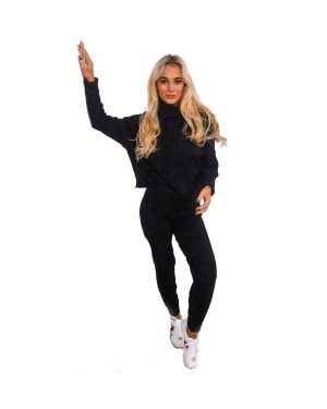 (Black, ML UK 12-14) Ladies Chunky Cable Knitted Polo High Neck Top Leggings Loungewear Suit Set 8-14