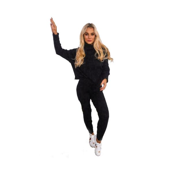 (Black, ML UK 12-14) Ladies Chunky Cable Knitted Polo High Neck Top Leggings Loungewear Suit Set 8-14