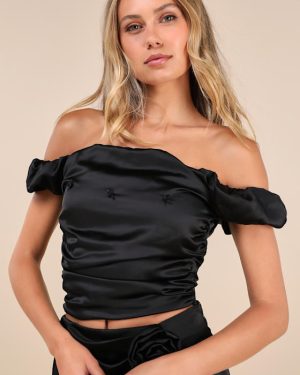 Black Rose Satin Rosette Off-the-Shoulder Puff Sleeve Top