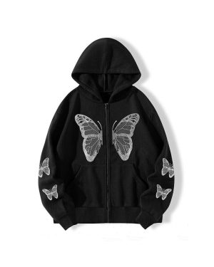 (Black, S) Womens Butterfly Print Hooded Sweatshirt Ladies Casual Baggy Zip Up Hoodie Hoody