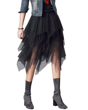 (Black) Tulle Skirts For Women 3 Layered High Low Asymmetrical Midi Length Elastic Waist Mesh Tutu Skirts