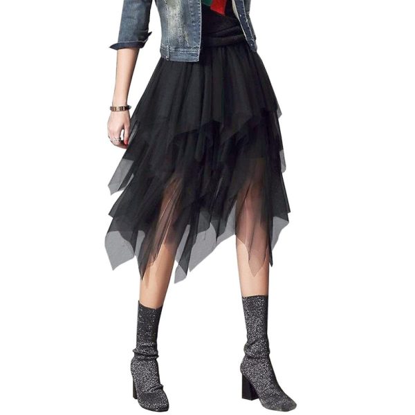(Black) Tulle Skirts For Women 3 Layered High Low Asymmetrical Midi Length Elastic Waist Mesh Tutu Skirts